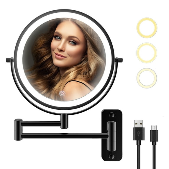 8" LED Wall Mounted Bathroom Mirror, 1X &7X Magnify, Double-Sided Round Mirror, Black