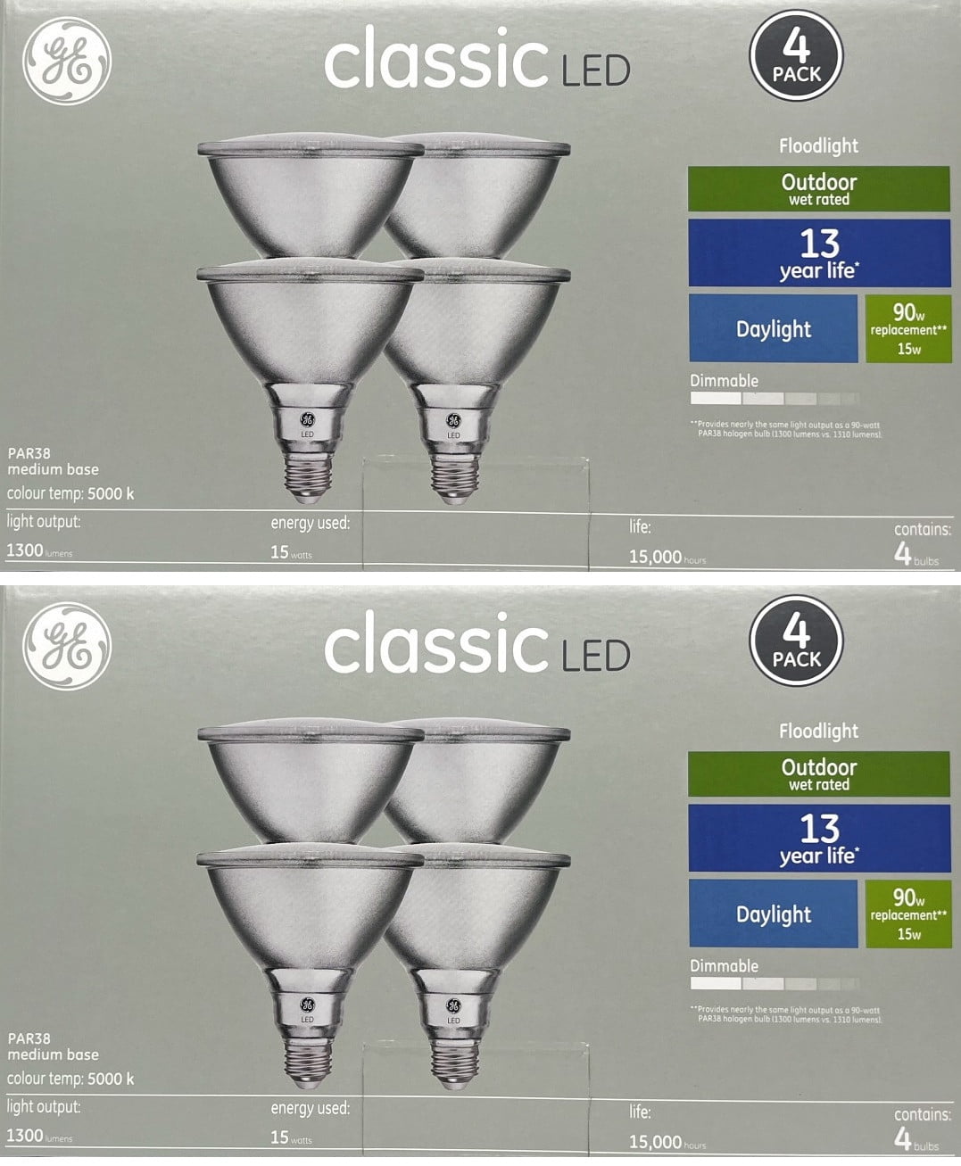 (8 LED bulbs) GE Classic LED PAR38 FloodLight, Daylight, 15 watts, 1300 lumens, Dimmable, 5000K Color Temp, Medium Base, Suitable for Outdoor Use, Medium base