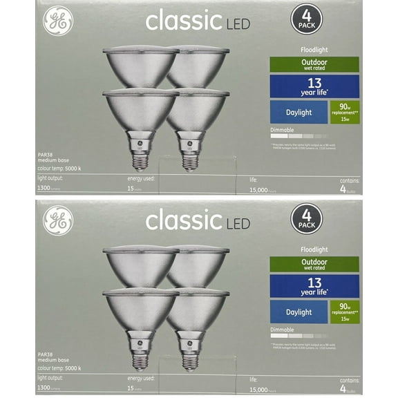 (8 LED bulbs) GE Classic LED PAR38 FloodLight, Daylight, 15 watts, 1300 lumens, Dimmable, 5000K Color Temp, Medium Base, Suitable for Outdoor Use, Medium base