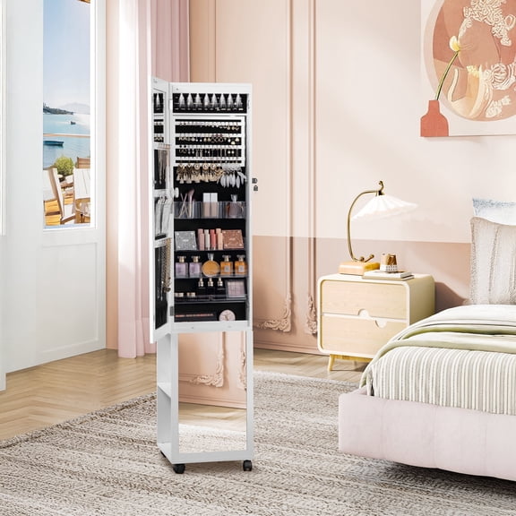 Jewelry Cabinet 66.9" with LED Mirror and Lock, Jewelry Armoire with Storage Shelves for Bedroom, White and Beige