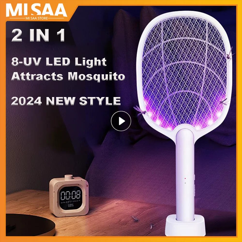 8Lamp Electric Mosquito Swatter Fly Killer USB Charging 2 In 1 Racket