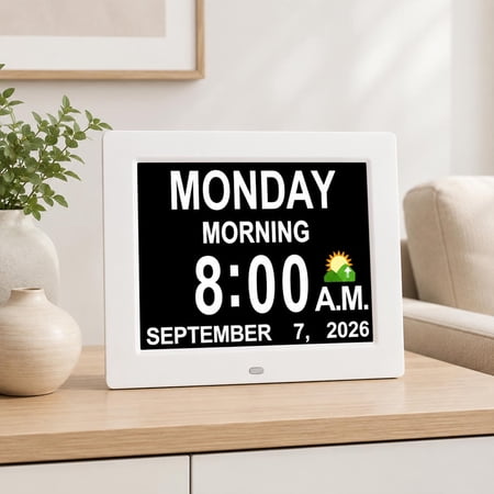 8" Large Digital Calendar Day Clock for Seniors 2026 - Easy to Read Alzheimer's Dementia Memory Loss Clock for Elderly with IPS Wide Angle,Day & Date, 12 Custom Alarms & Auto-Dimming, White