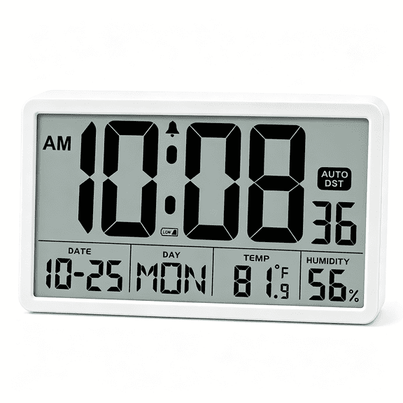 8'' Large Digital Wall Clock, Battery Operated Wall Clock with Jumbo Numbers, Temperature Date Display, Easy to Read & Set, Auto DST Digital Clock