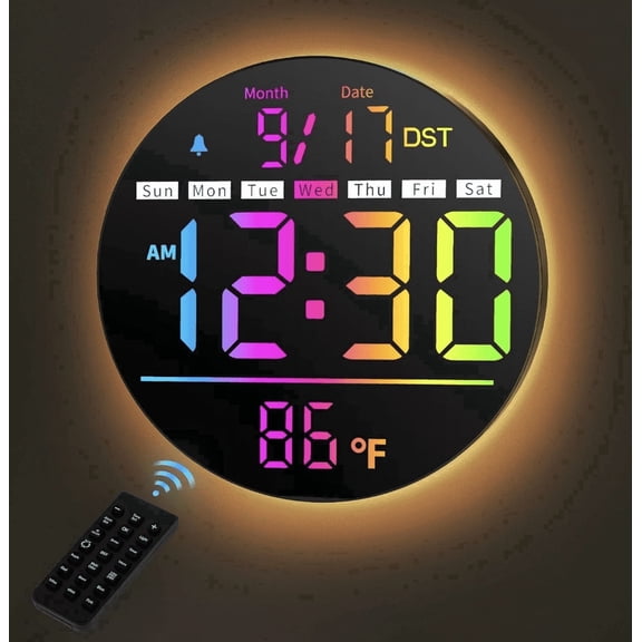 LEIKE 8" LED Large Digital Wall Clock Large Numbers, Plug-in Digital Alarm Clock with Remote for Bedroom, Auto DST, Temperature & Humidity