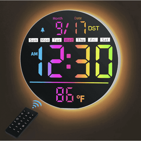 LEIKE 8" Digital Wall Clock with Remote Control, LED Display, Plug-in Digital Alarm Clock, Auto Brightness, DST, Temperature, Humidity, Applied to Classroom, Bedroom
