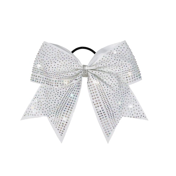8" Large Glitter Cheer Bows,Rhinestones Cheer Hair Bow, Cheerleading Bow with Ponytail Holders,Colorful Shimmer Shiny Hair Tie,Elastic Hair Band for Cheerleaders College Sports (White)