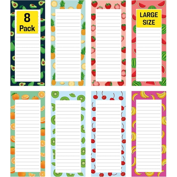 8 Large Magnetic Notepads – Big Notepads for Grocery List, Shopping List, To-Do List, Reminders -Strong Magnetic Back- Memo Pads with Realistic Fruit Designs | 60 Sheets per Pad 9 x 3.5 inch (8 Pack)