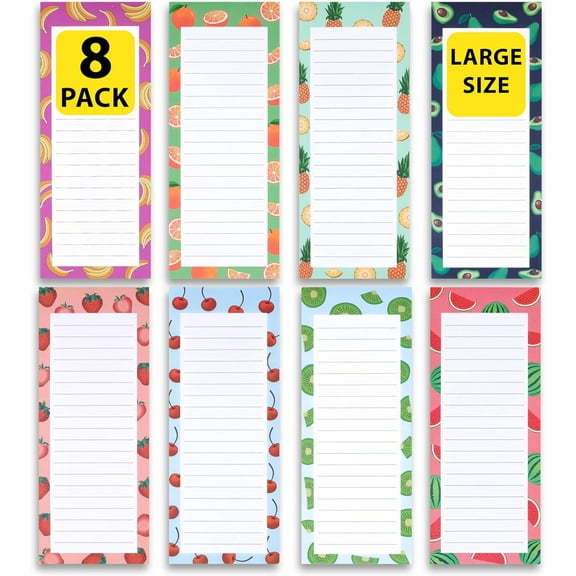 8 Large Magnetic Notepads – Big Notepads for Grocery List, Shopping List, To-Do List, Reminders -Strong Magnetic Back- Memo Pads with Realistic Fruit Designs | 60 Sheets per Pad 9 x 3.5 inch (8 Pack)