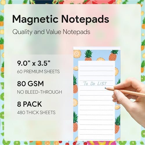 8 Large Magnetic Notepads – Big Notepads for Grocery List, Shopping List, To-Do List, Reminders -Strong Magnetic Back- Memo Pads with Realistic Fruit Designs | 60 Sheets per Pad 9 x 3.5 inch (8 Pack)