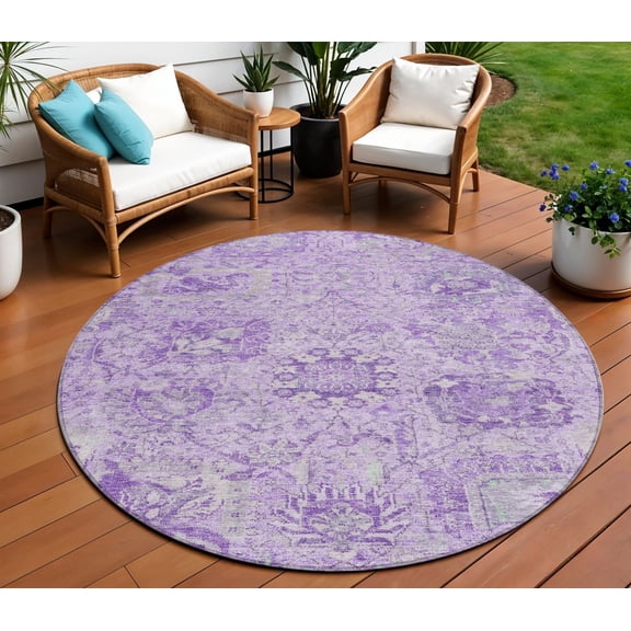HomeRoots 603769 8 ft. Lavender & Gray Round Damask Washable Indoor & Outdoor Area Rug
