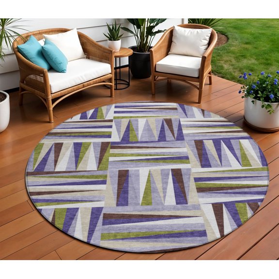 8' Lavender Brown And Green Round Geometric Washable Indoor Outdoor Area Rug