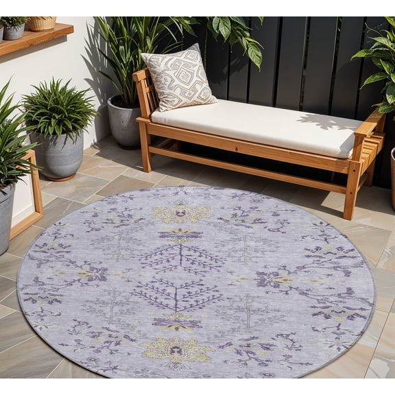 HomeRoots 605481 8 ft. Lavender, Purple & Gray Round Floral Washable Indoor & Outdoor Area Rug