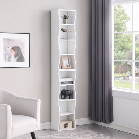 8-Layer Adjustable Shelf Ultra-Thin Bookshelf with Wavy Border Design, Tall Narrow Display Bookcase for Home Office, White