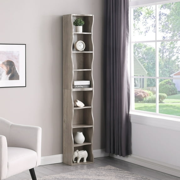 8 Layer Tall Narrow Bookshelf Ultra Thin Adjustable Shelf with Wavy Border, Compact Corner Bookcase, Multi Functional Bookshelves, Aesthetically Pleasing, for Home Office, Study, Gray