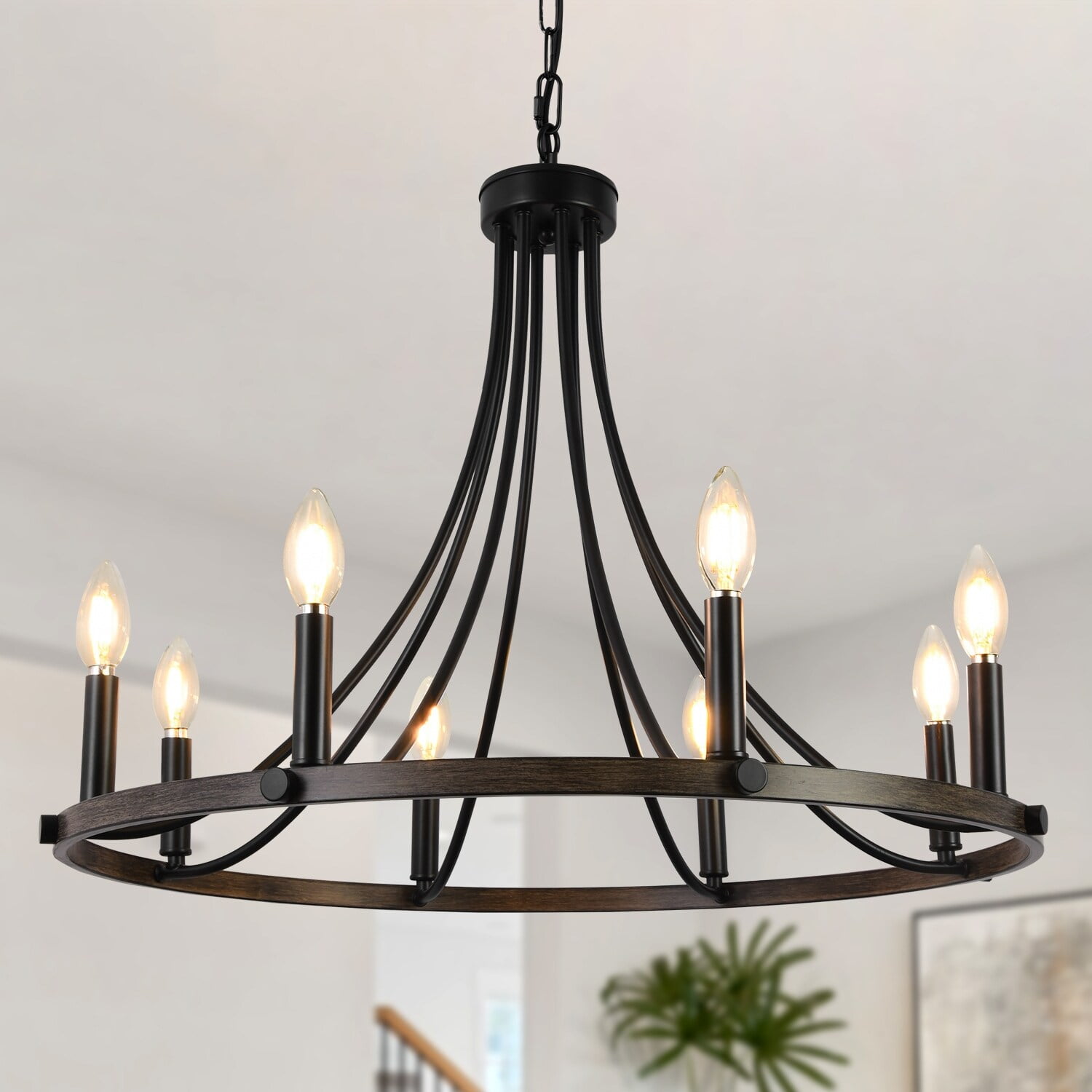 8-Light Black and Brown Rustic Wagon Wheel Chandelier