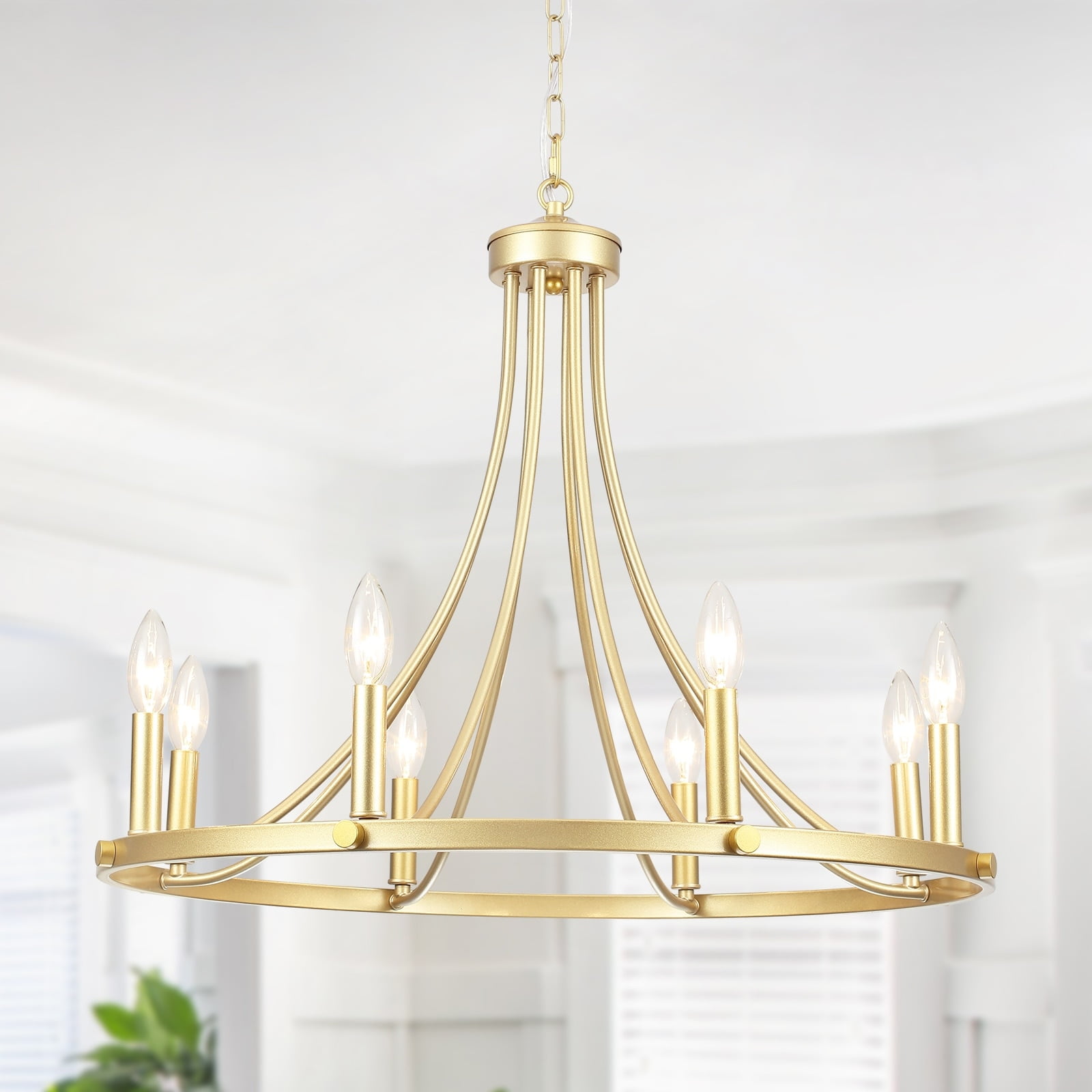 Spray-Painted Gold 8-Light Rustic Wagon Wheel Chandelier