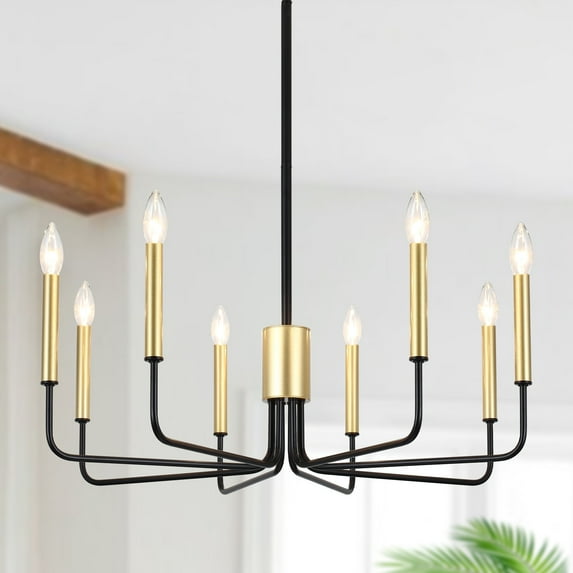 8-Light 29.52-inch Farmhouse Candle Chandelier for Foyer Kitchen Bedroom Black+Spray-painted Gold