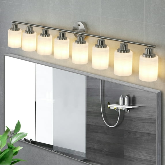 8-Light Bathroom Light Fixtures, Vanity Lights with Frosted Glass Shades and Brushed Nickel Finish, Wall Mounted Lighting for Mirror Kitchen Living Room Hallway Cabinet Porch (No Bulbs)