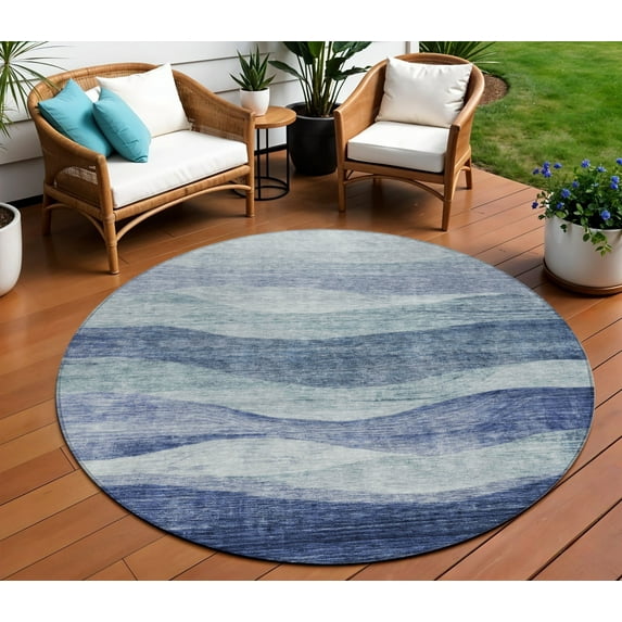 HomeRoots 604967 8 ft. Light Blue & Dark Blue Round Abstract Washable Indoor & Outdoor Area Rug