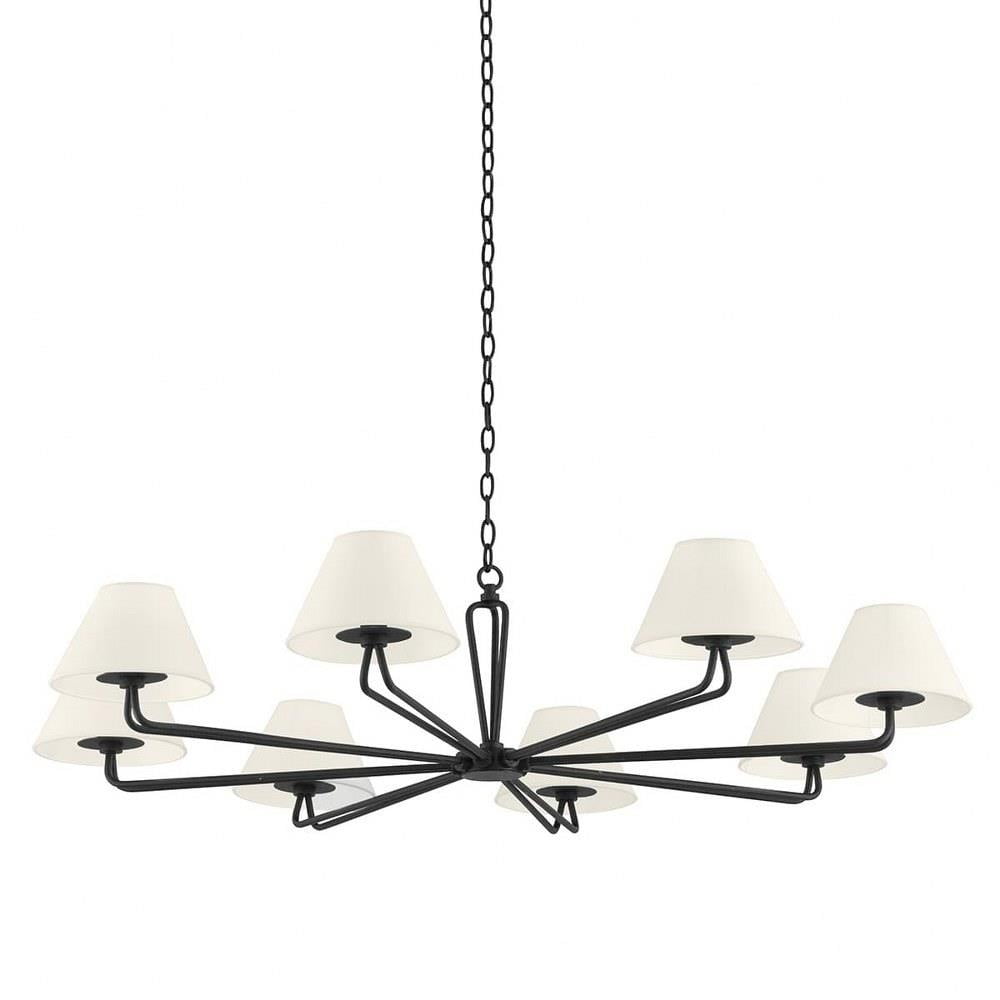 Black Iron 8-Light Chandelier with White Linen Shades