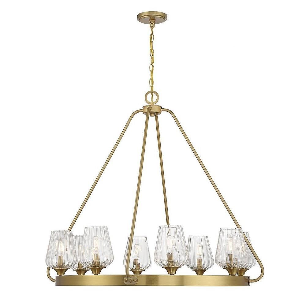 Warm Brass 8-Light Chandelier with Ribbed Glass Shades