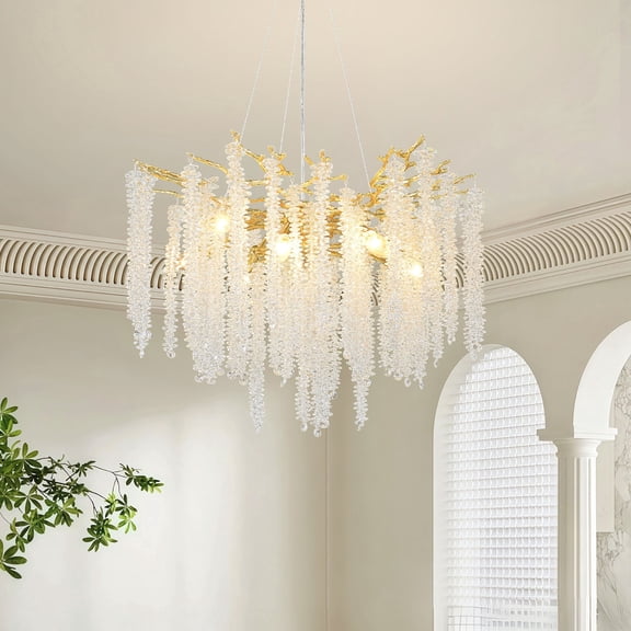 8 Light Crystal Tree Branches Chandeliers Gold Luxury Round Raindrop Pendant Light Fixture for Dining Room Bedroom Living Room Entryway