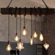 LNC 8-Light Dark Brown Wood and Black Linear Farmhouse Bare Bulb LED Chandelier, Large Linear Modern Farmhouse Chandeliers Light for Dining Room, Kitchen Island, Bedroom