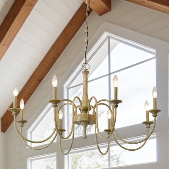 8-Light Farmhouse Chandelier, 39.37" Rustic Solid Wood Candle Pendant Light with Antique Finish | Dimmable French Country Ceiling Fixture for Large Dining Room, Open-Concept Living Space, Grand Foyer