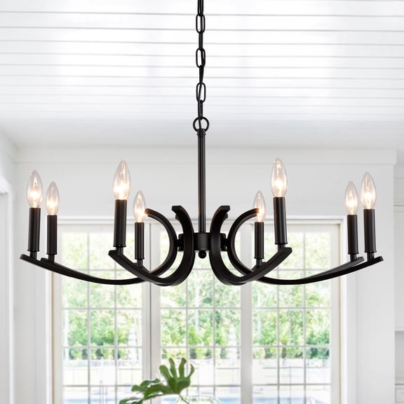 8-Light Farmhouse Chandelier, Black Metal Chandeliers Light Fixtures Industrial For High Ceiling Living Dining Room Foyer. Adjustable Height-E12