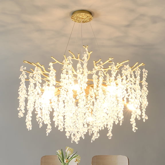 8-Light Farmhouse Crystal Chandelier - Gold Ceiling Light Fixture for Dining Room Kitchen Island