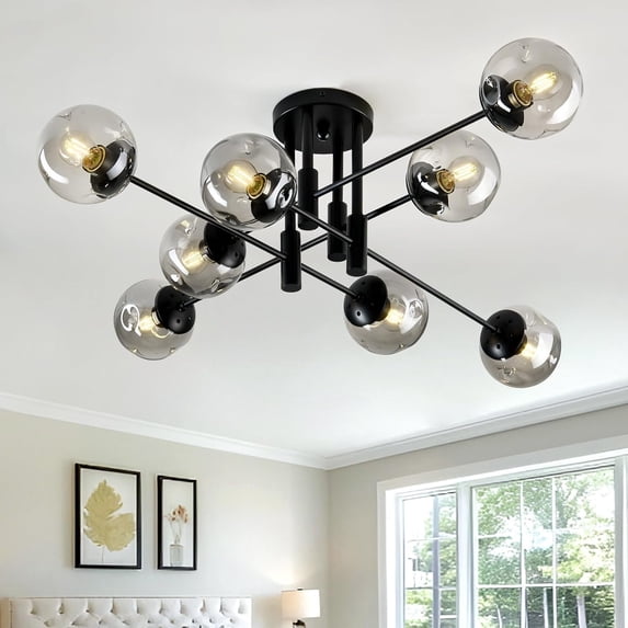 8 Light Glass Globe Ceiling Light Black Mid Century Flush Mount Sputnik Light Fixture Bubble Chandelier Living Room Farmhouse for Dining Room Kitchen Bedroom.