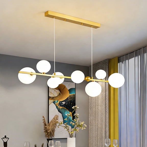 8-Light Globe Chandelier with Gold Metal Frame & White Glass Shades, Adjustable Hanging Wire, G9 Bulbs Included - for Dining/Living Room
