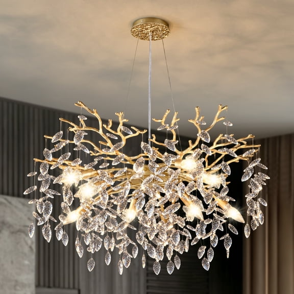 8-Light Gold Modern Glam Crystal Chandelier with Leaf-Shaped Crystal Drops, Adjustable Hanging Wires, E12 Base