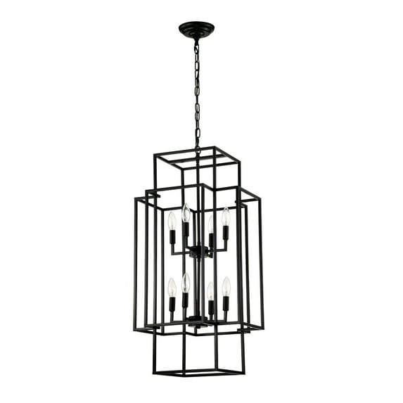 8-Light Industrial Farmhouse Tiered Chandelier with Adjustable Chain, Metal Lantern Pendant Lighting for Dining Room, Foyer, Entryway – Matte Black Finish (E12 Bulbs Not Included)