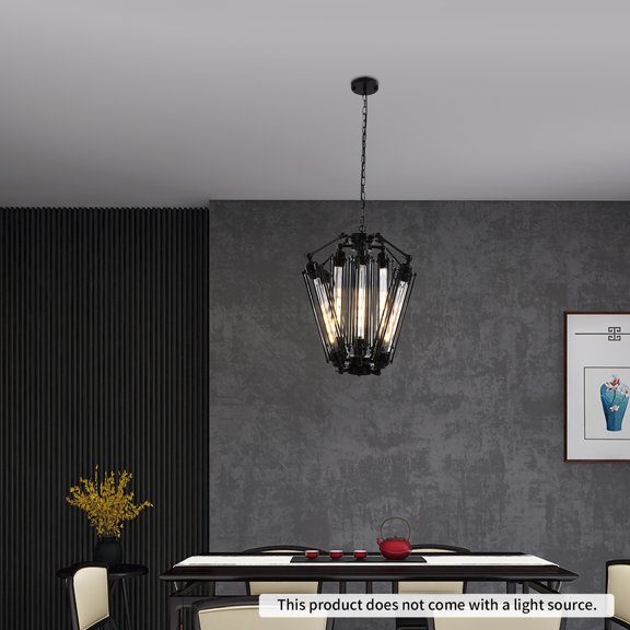 8-Light Industrial Pendant Light Black Metal Cage Chandelier with Adjustable Height Retro Hanging Lamp for Dining Room