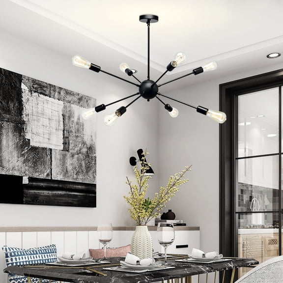 8-Light Industrial Pendant Lighting Sputnik Chandelier Modern Ceiling Light Fixture for Living Room Dining Room Bedroom Kitchen Coffee Bar Matte Black
