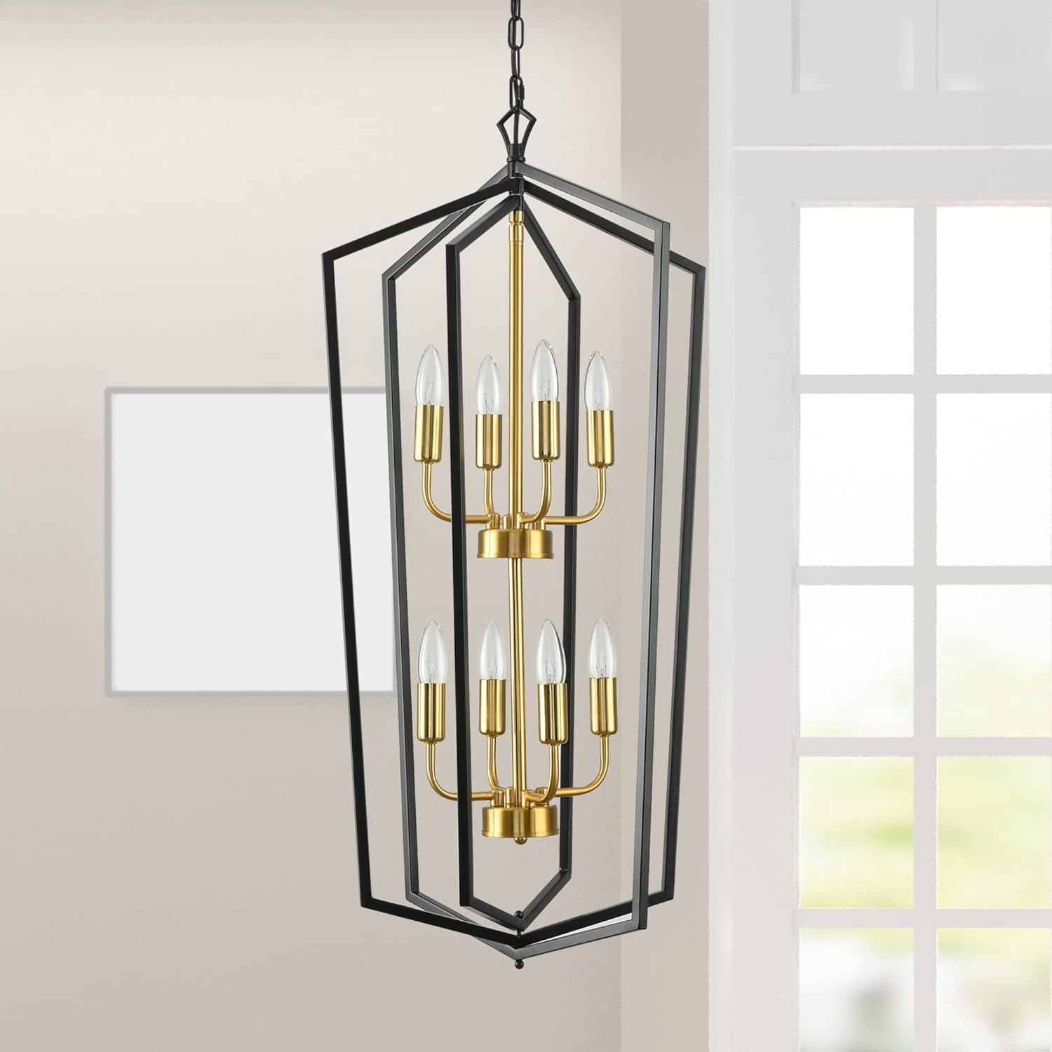 4-Light Farmhouse Lantern Chandelier - Black & Brushed Nickel, Adjustable Hanging Light For Kitchen Island
