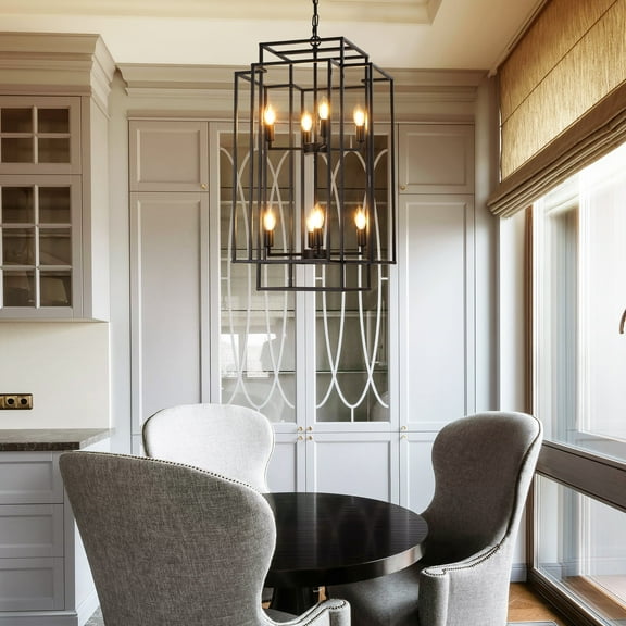 8-Light Lantern Tiered Farmhouse Chandelier Pendant Light Fixtures Height: 30.70 in, Black Metal Hall Hanging Chandelier for Kitchen Black