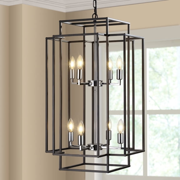 8-Light Lantern Tiered Farmhouse Chandelier Pendant Light Fixtures Height: 30.70 in, Black Metal Hall Hanging Chandelier for Kitchen Chrome