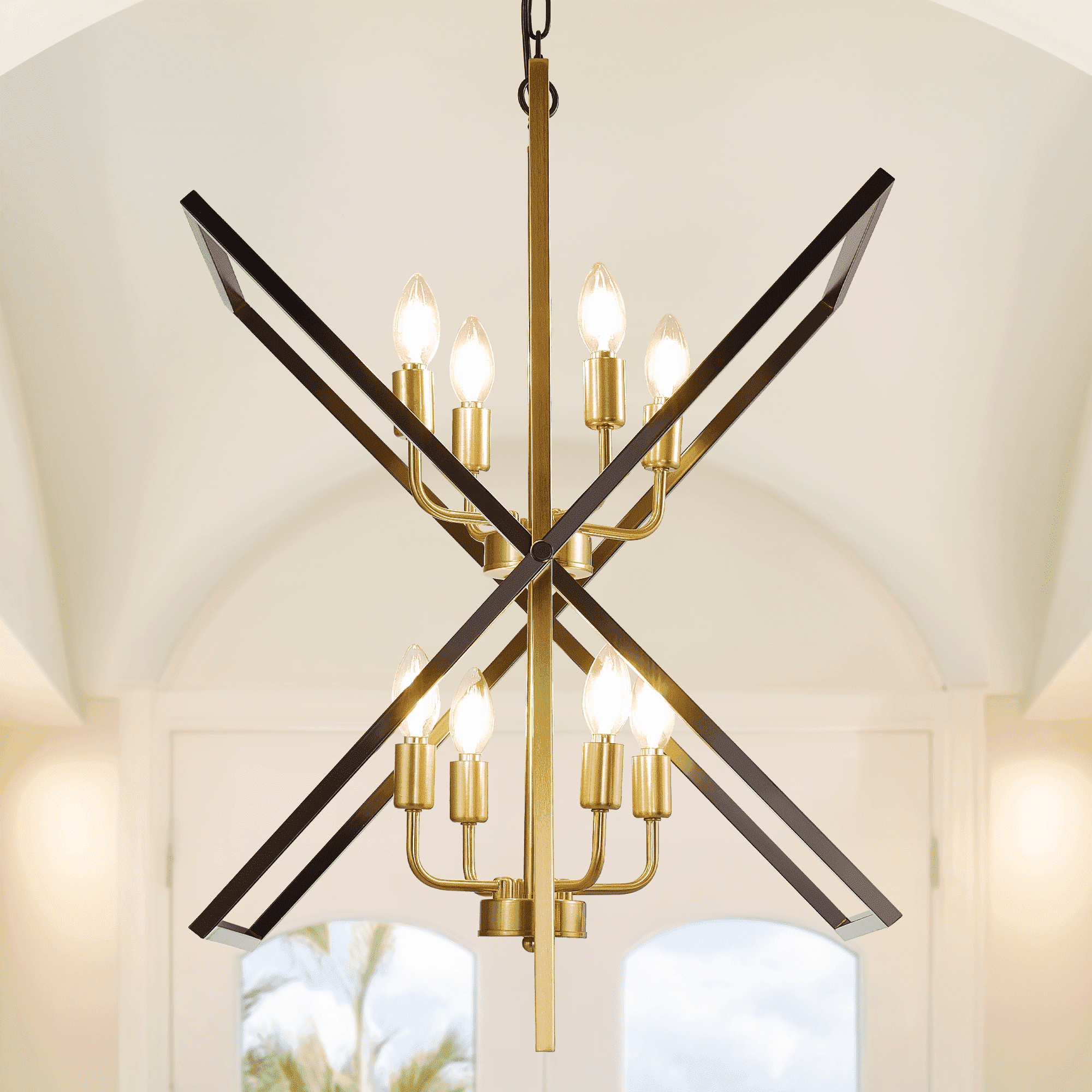 8-Light Industrial Tiered Pendant Chandelier - Black & Silvery Lantern Fixture For Foyer, Dining Room, Kitchen Island, High Ceilings