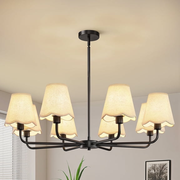 KAISITE 8-Light Modern Farmhouse Living Room Lighting with Wavy Fabric Shades, Black