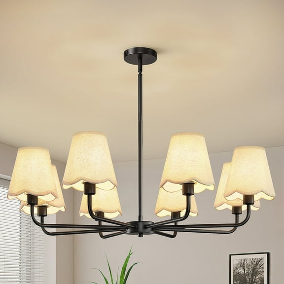 8-Light Modern Farmhouse Chandelier with Wavy Fabric Shades for Dining Room