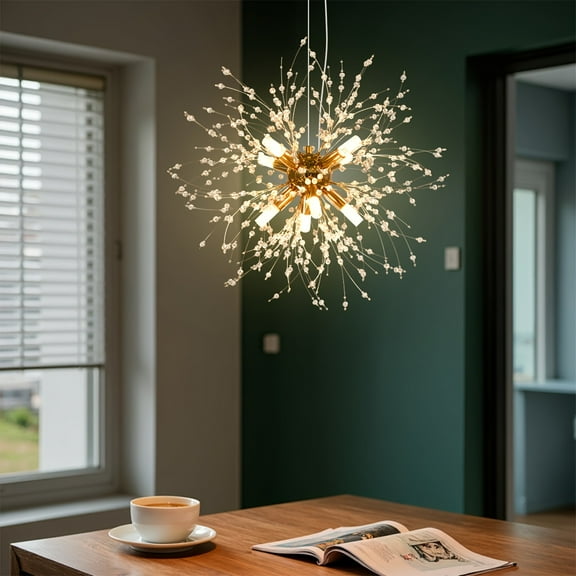 8-Light Modern Golden Crystal Dandelion Chandelier - Semi Flush Mount, Polished Metal, Firework Design, 8 G9 Bulbs Included, for Bedroom, Entryway