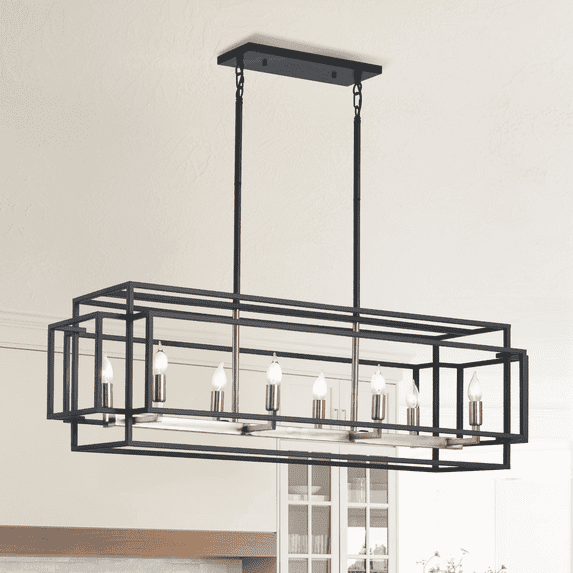 8-Light Modern Metal Farmhouse Chandelier Retangle Linear Pendant Light (Black&Silver)