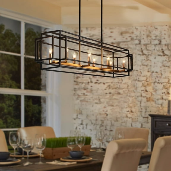 8-Light Modern Metal Farmhouse Chandelier Retangle Linear Pendant Light (Black&Gold)