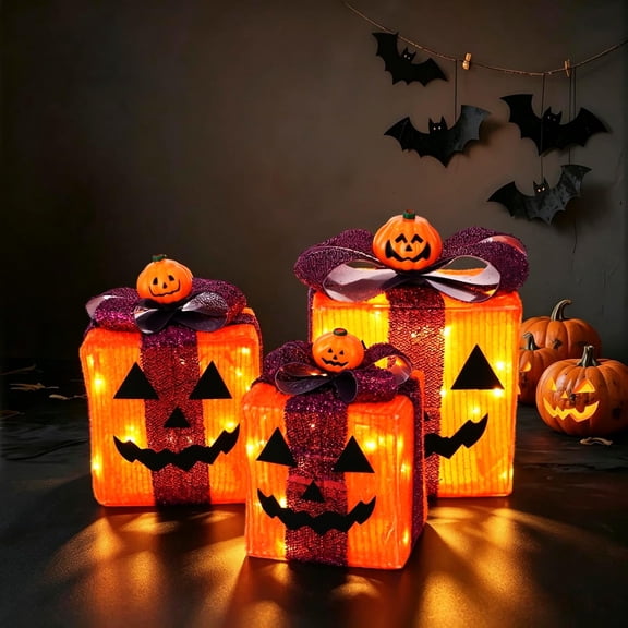 8 Light Modes 3 Pack Halloween Decorations Lighted Pumpkin Gift Box Battery Operated Jack-O-Lantern Gift Box with 60 LED Lights Halloween Decor Outdoor Indoor Holiday Home Yard Party Decoration