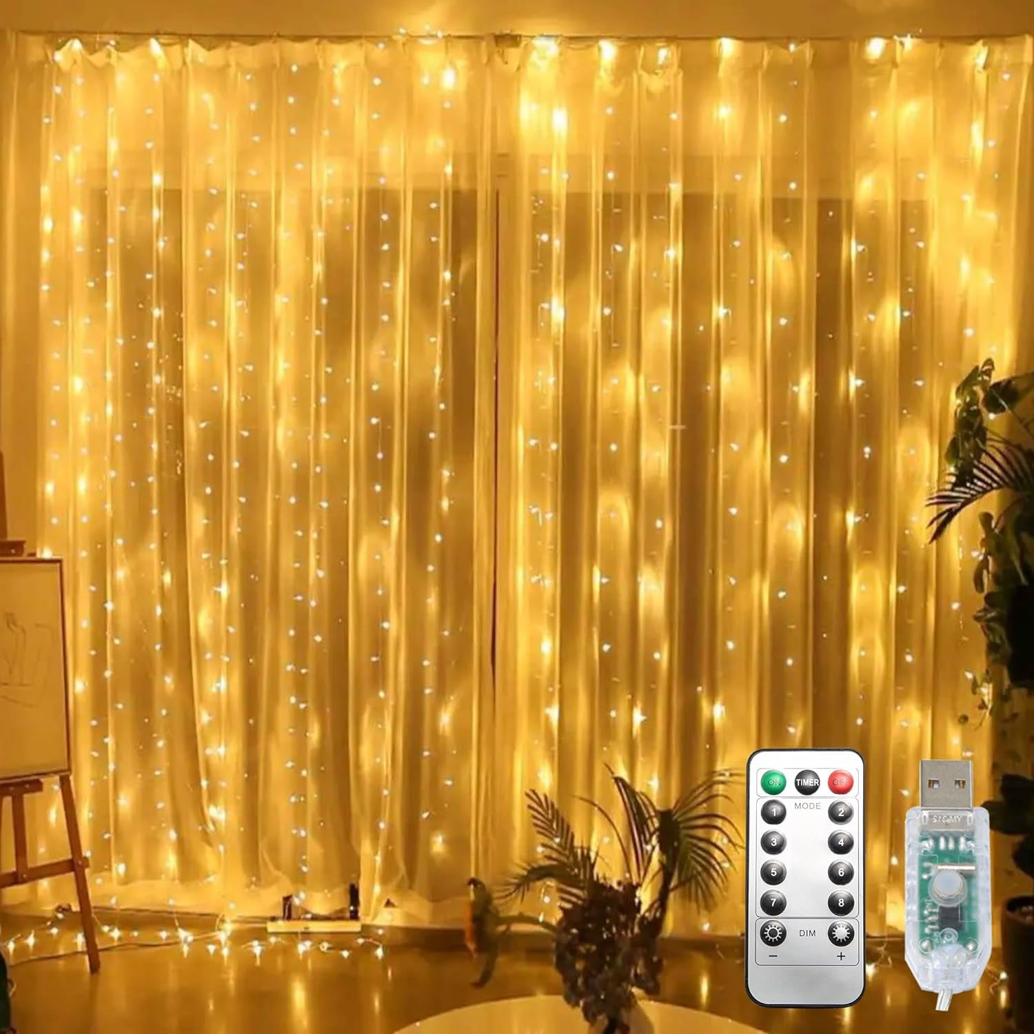 8 Light Modes Warm White 9.8x9.8ft 300 LED Curtain String Lights Remote ...