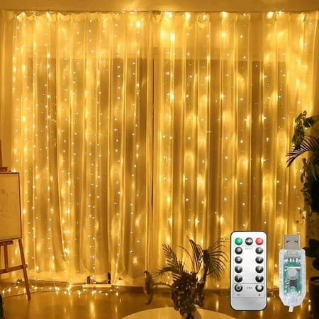 8 Light Modes Warm White 9.8x9.8ft 300 LED Curtain String Lights Remote Controlled Indoor Outdoor String Lights