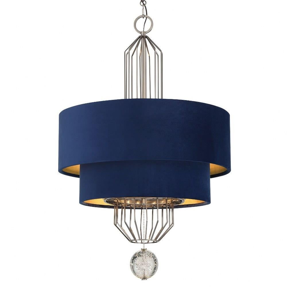 Aged Antique Nickel 8-Light Drum Pendant with Blue Shade
