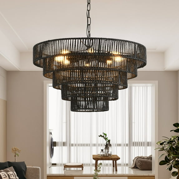 8-Light Pendant Light, Boho 23.6 Inch Tiered Hemp Rope Transitional Chandelier, Dimmable, Adjustable Height Black